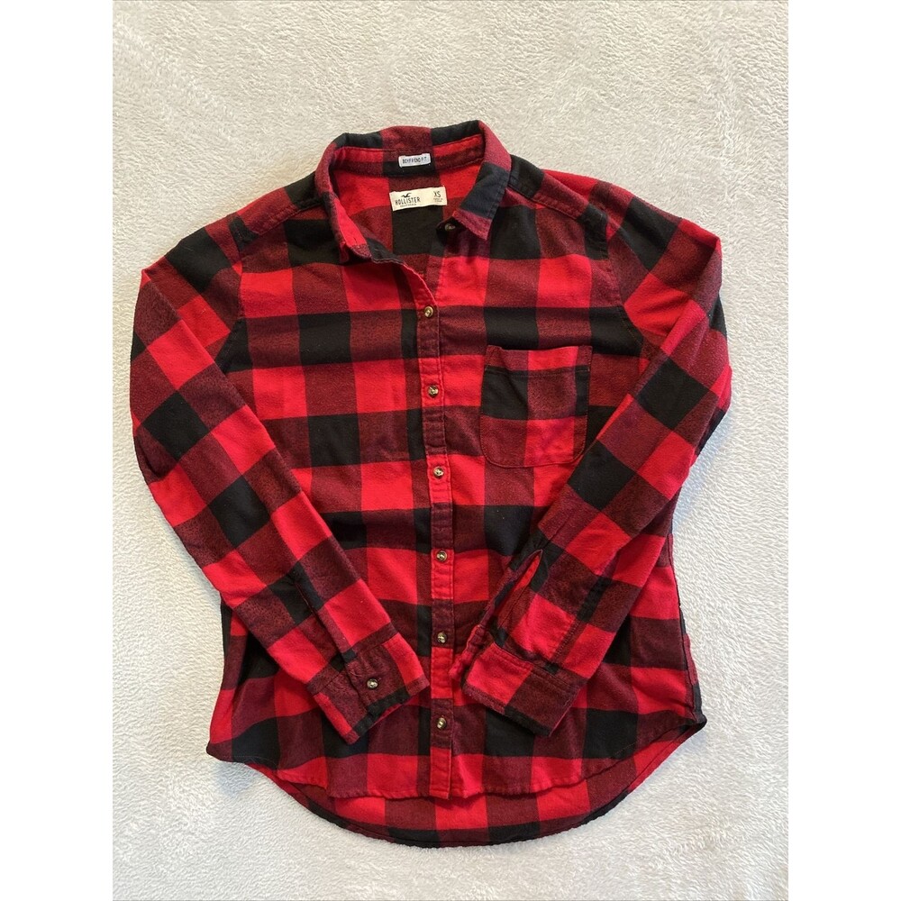 Hollister Flannel Women's XS Boyfriend Fit Buffalo Plaid Long Sleeve Button Red